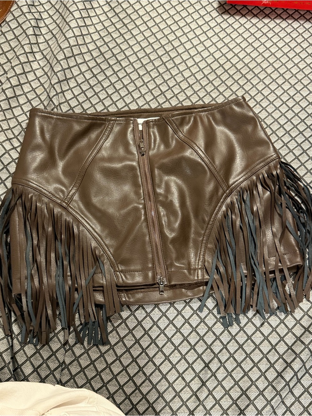 superdown Brown Faux Leather Fringe Mini Skirt